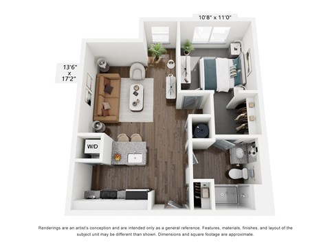 Floor plan for 1 bed, 1 bath, 669 sqft